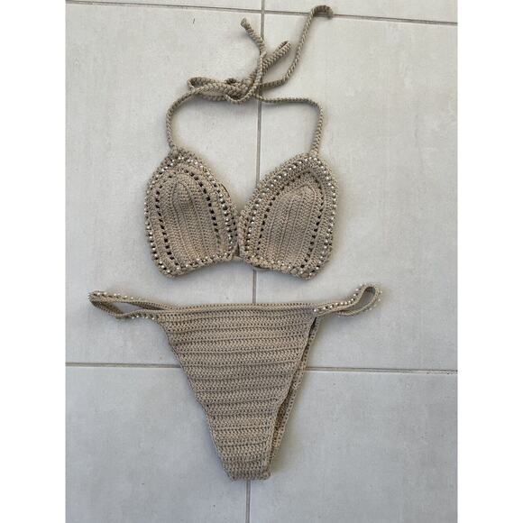 JMP Label Bikini Swim Cabo Crochet Pearl Triangle Swimsuit Pebble - Picture 1 of 13